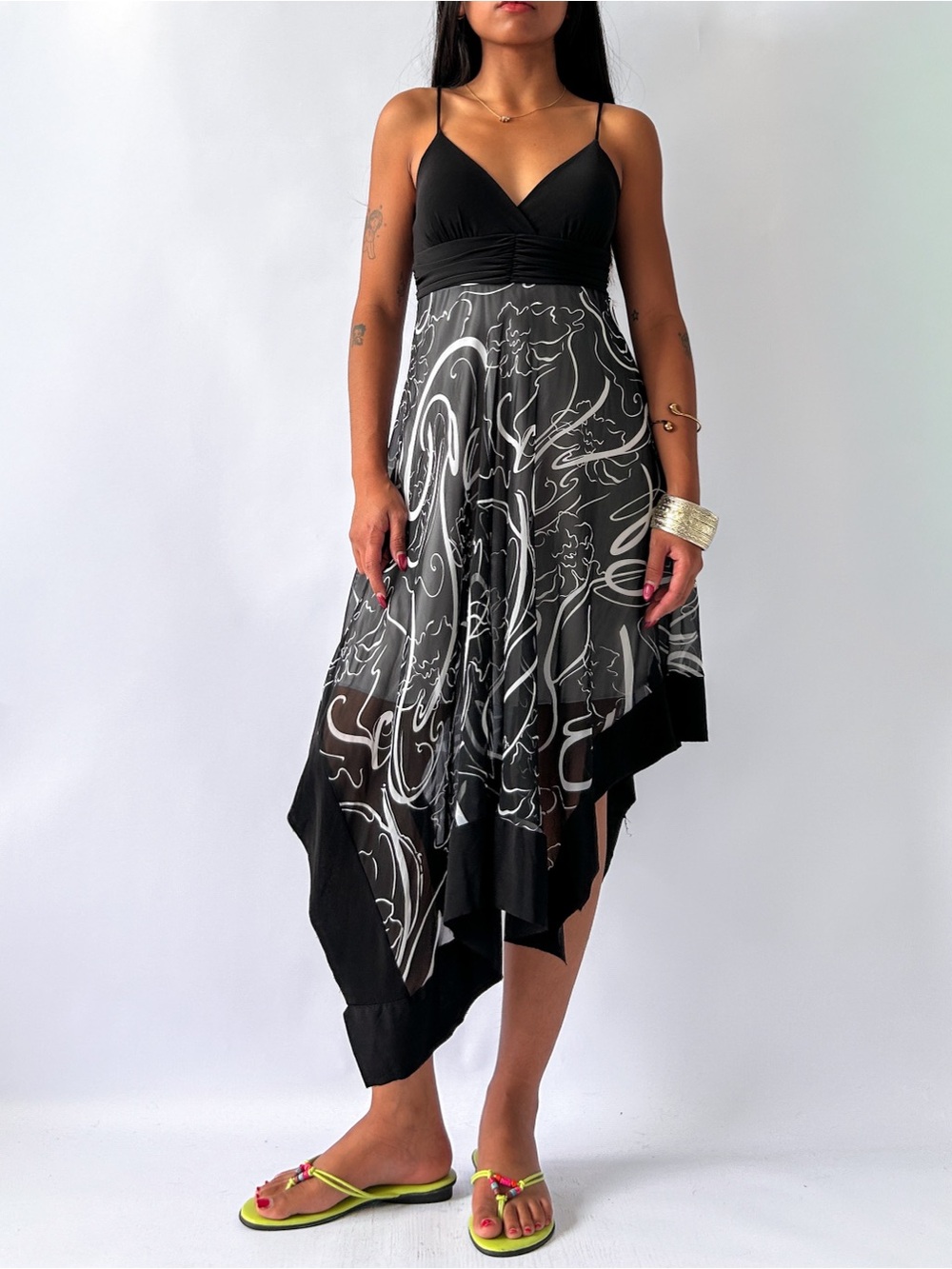 Vintage Black & White Asymmetrical Handkerchief Hem Slip Dress